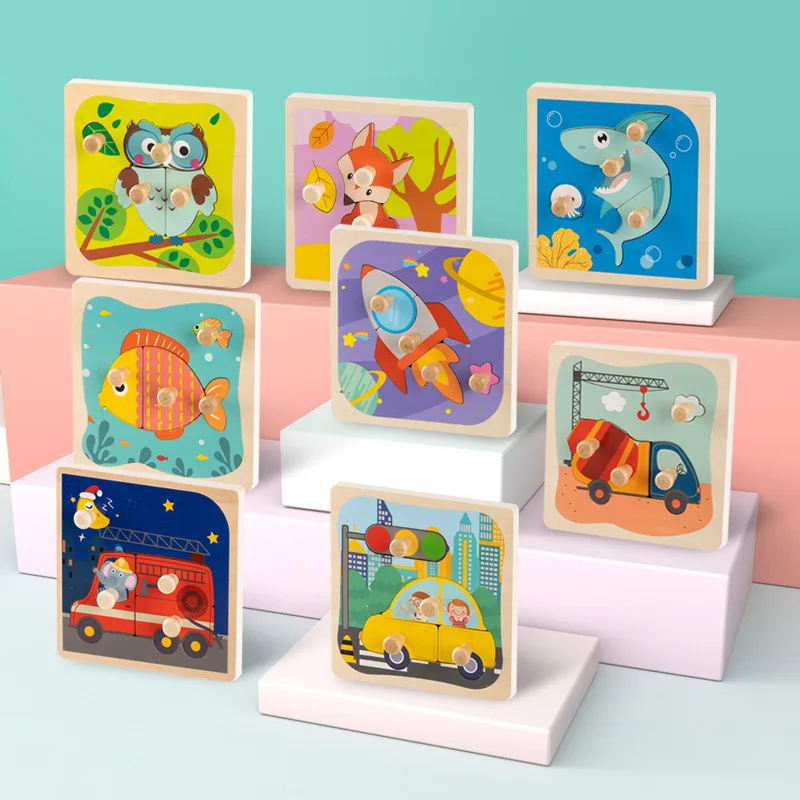 Montessori Wooden Puzzles Baby Educational Toys Hand Grab Boards Tangram Cartoon Animals Fruits 3D Puzzles for babies 2 3 years