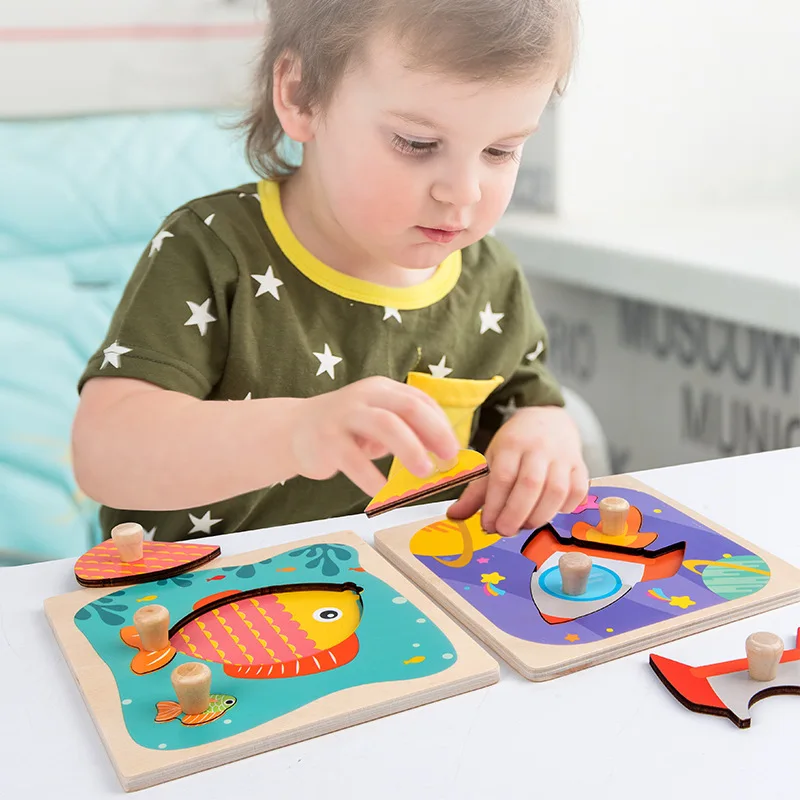 Montessori Wooden Puzzles Baby Educational Toys Hand Grab Boards Tangram Cartoon Animals Fruits 3D Puzzles for babies 2 3 years