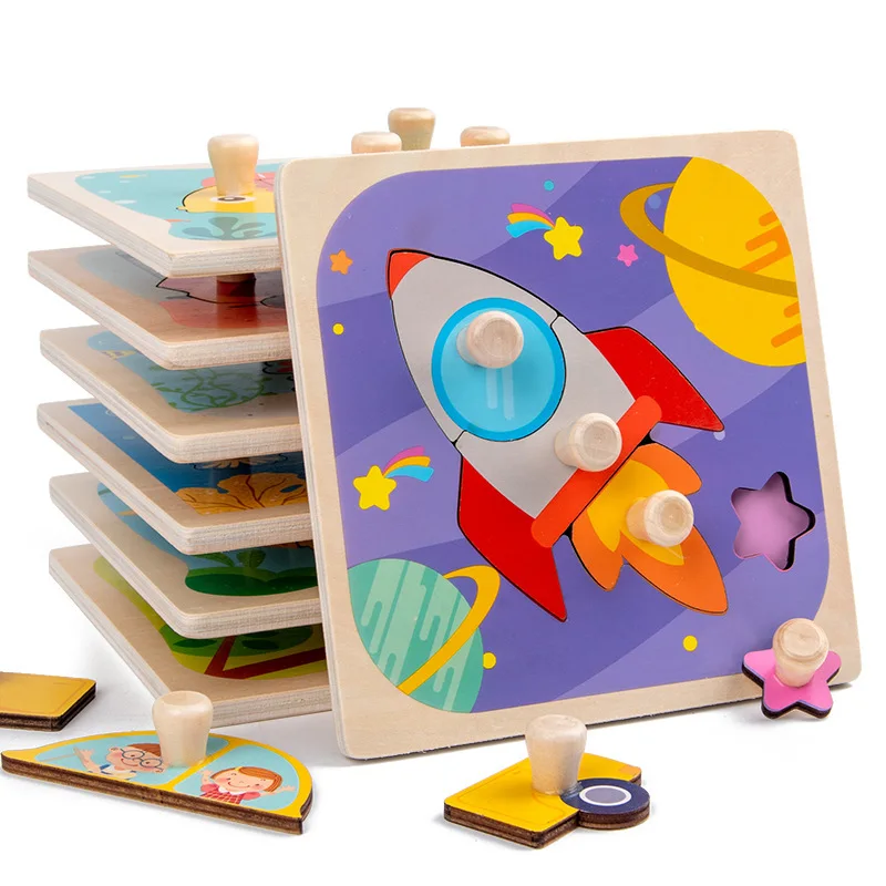 Montessori Wooden Puzzles Baby Educational Toys Hand Grab Boards Tangram Cartoon Animals Fruits 3D Puzzles for babies 2 3 years