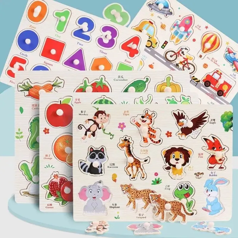 Montessori Wooden Puzzles Baby Educational Toys Hand Grab Boards Tangram Cartoon Animals Fruits 3D Puzzles for babies 2 3 years
