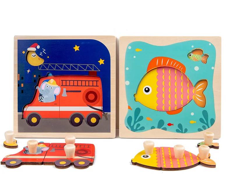 Montessori Wooden Puzzles Baby Educational Toys Hand Grab Boards Tangram Cartoon Animals Fruits 3D Puzzles for babies 2 3 years