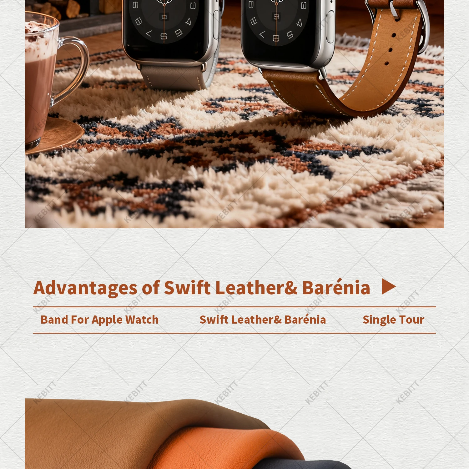 2026Kebitt For Apple Watch Series12 11 10 Ultra4 3 SE3 Strap High Quality Genuine Leather Band Iwatch 46 42 41 45 49mm Bracelet