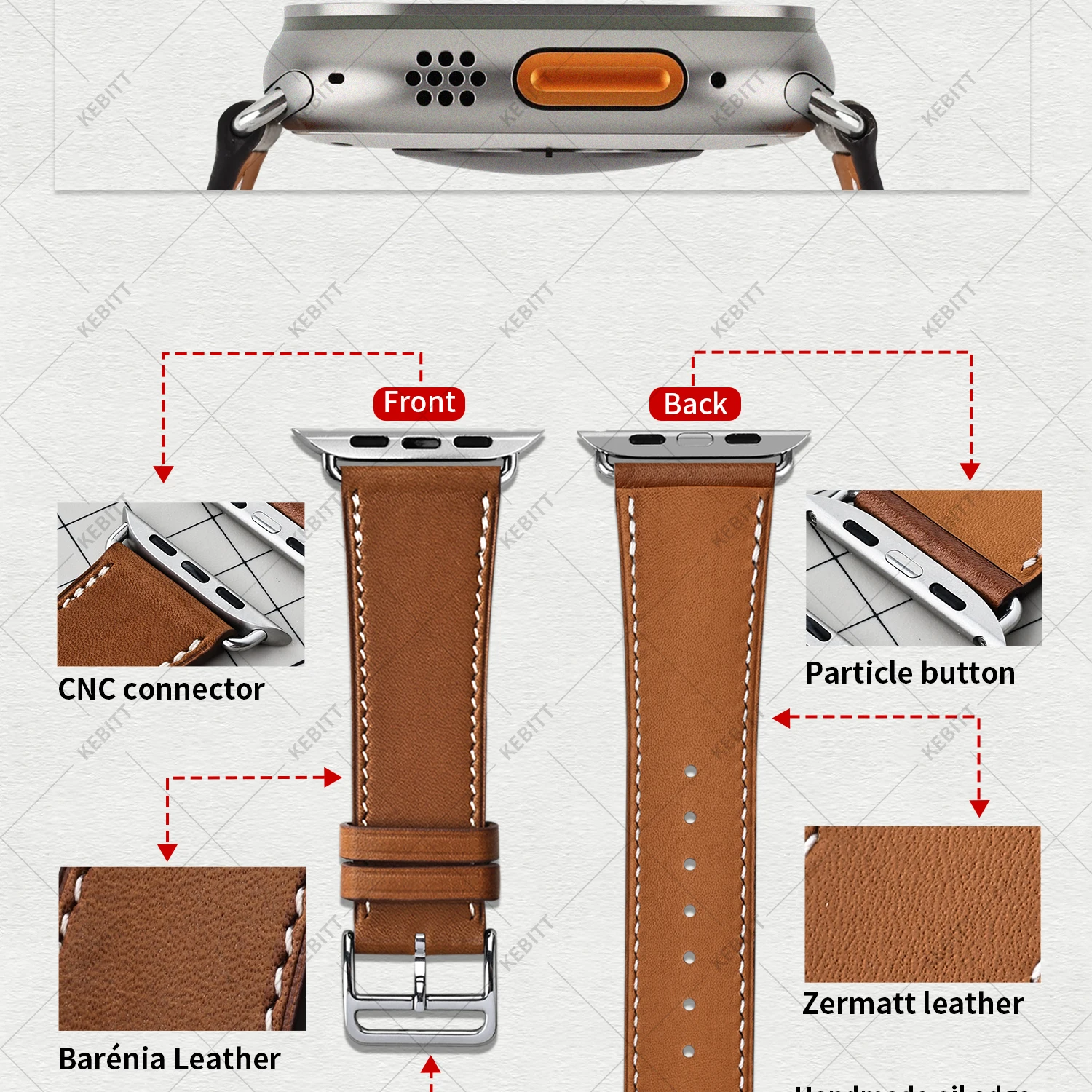 2026Kebitt For Apple Watch Series12 11 10 Ultra4 3 SE3 Strap High Quality Genuine Leather Band Iwatch 46 42 41 45 49mm Bracelet