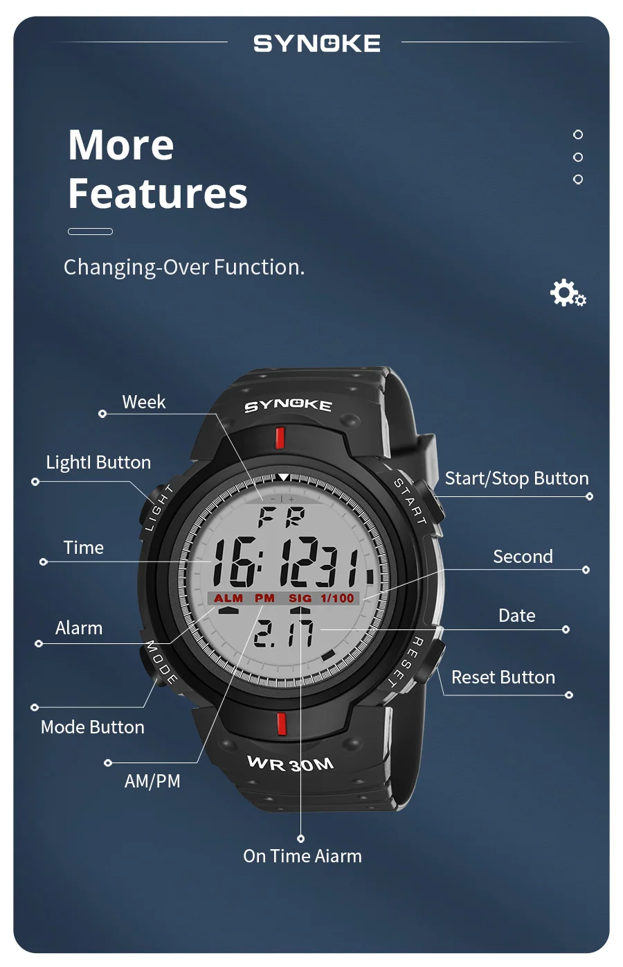 SYNOKE Men Electronic Watch Sports For Men Waterproof Luminous Multi Function Outdoor Mountaineering Large Screen Electronic Wat