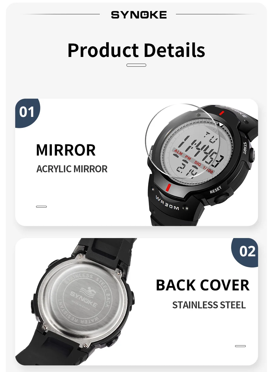 SYNOKE Men Electronic Watch Sports For Men Waterproof Luminous Multi Function Outdoor Mountaineering Large Screen Electronic Wat