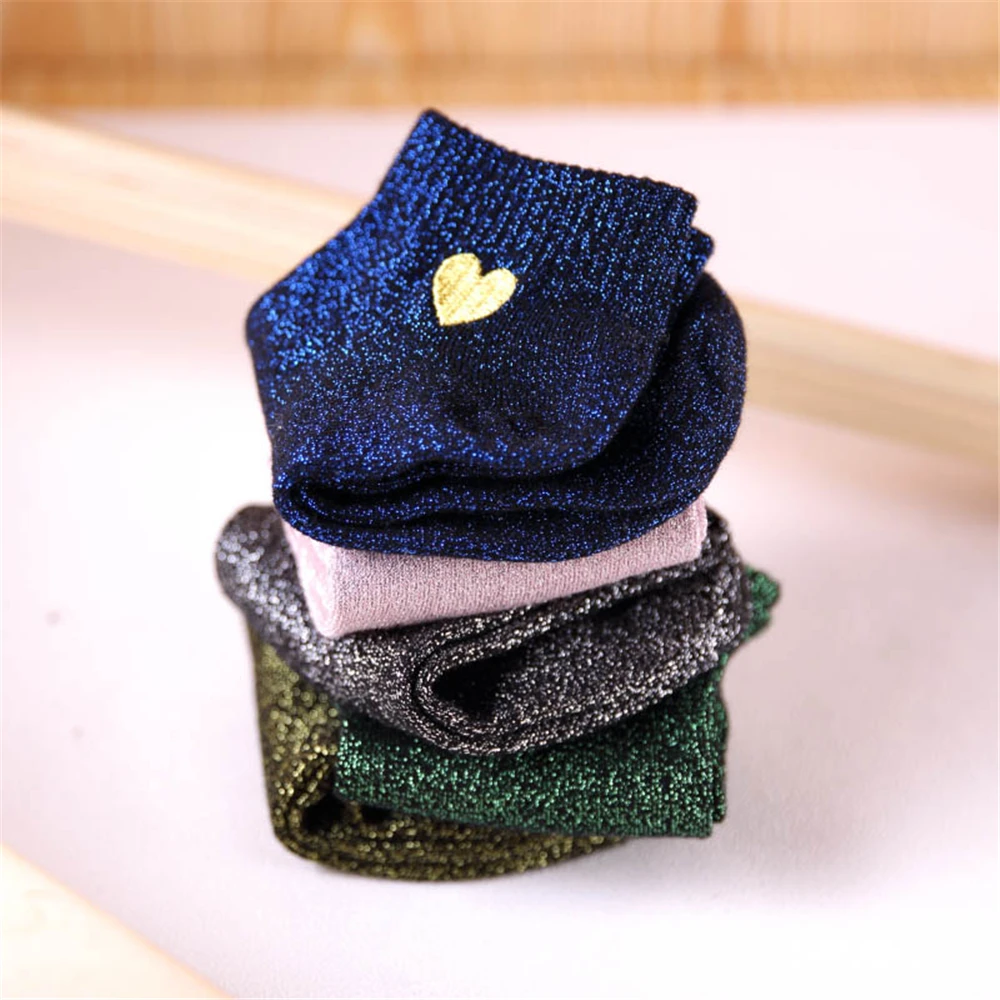 Embroidered Love Heart Glitter Socks For Women Shiny Socks Gold Silver Colorful Shining Fashion Funny