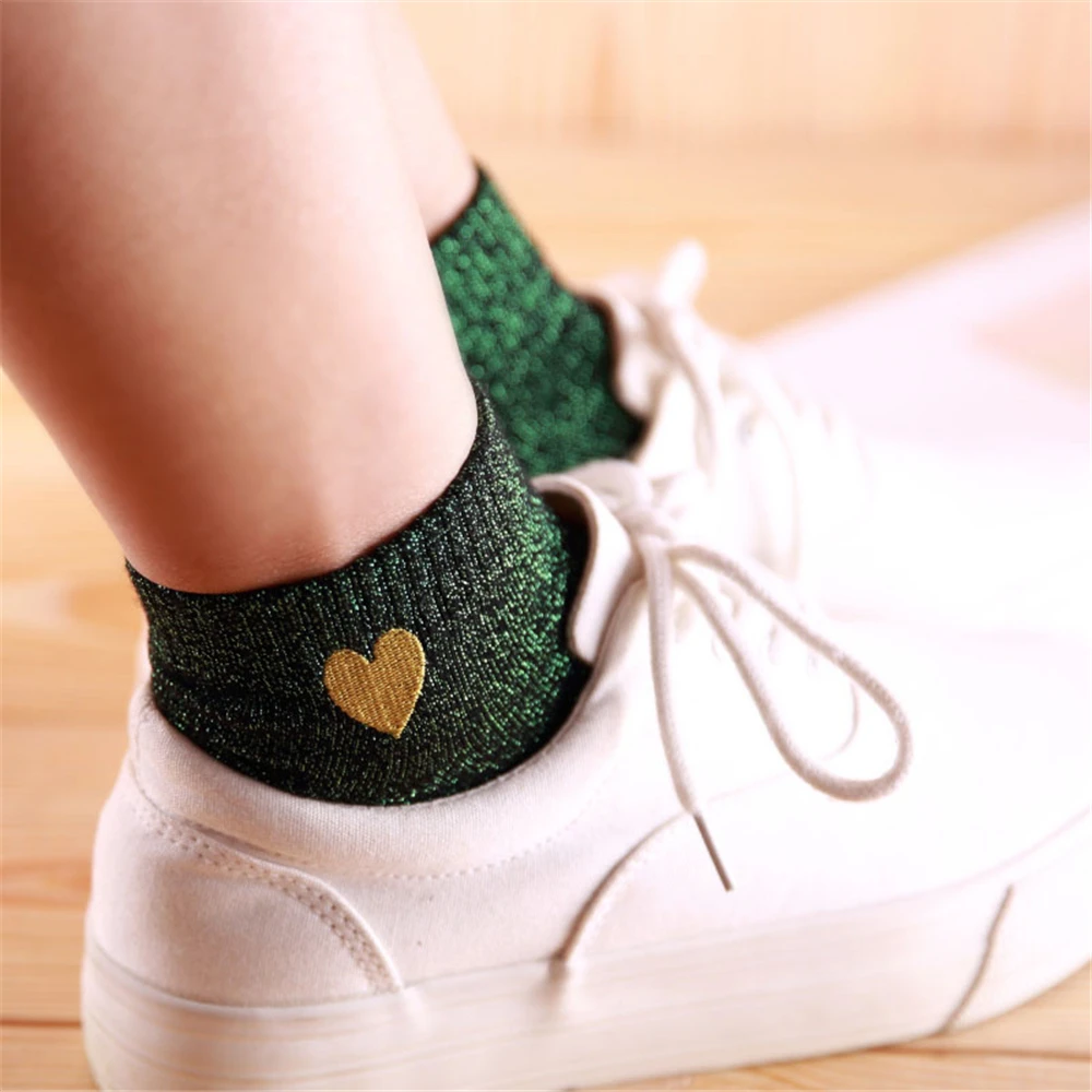 Embroidered Love Heart Glitter Socks For Women Shiny Socks Gold Silver Colorful Shining Fashion Funny
