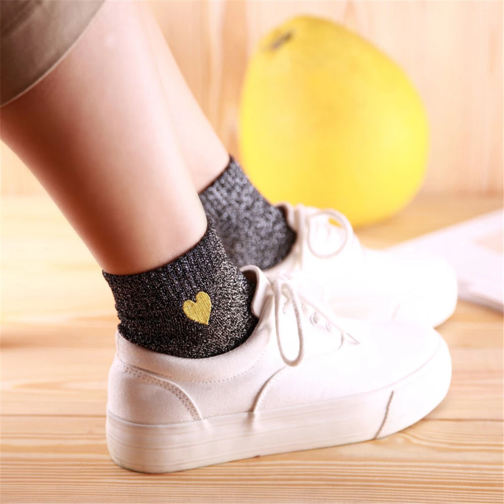Embroidered Love Heart Glitter Socks For Women Shiny Socks Gold Silver Colorful Shining Fashion Funny
