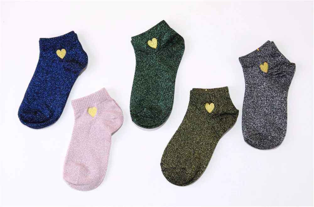 Embroidered Love Heart Glitter Socks For Women Shiny Socks Gold Silver Colorful Shining Fashion Funny