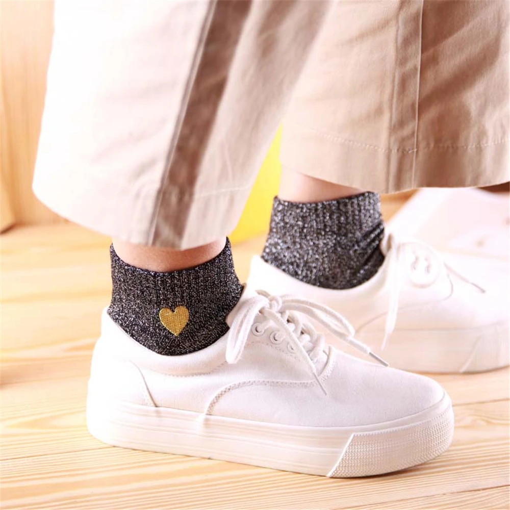 Embroidered Love Heart Glitter Socks For Women Shiny Socks Gold Silver Colorful Shining Fashion Funny