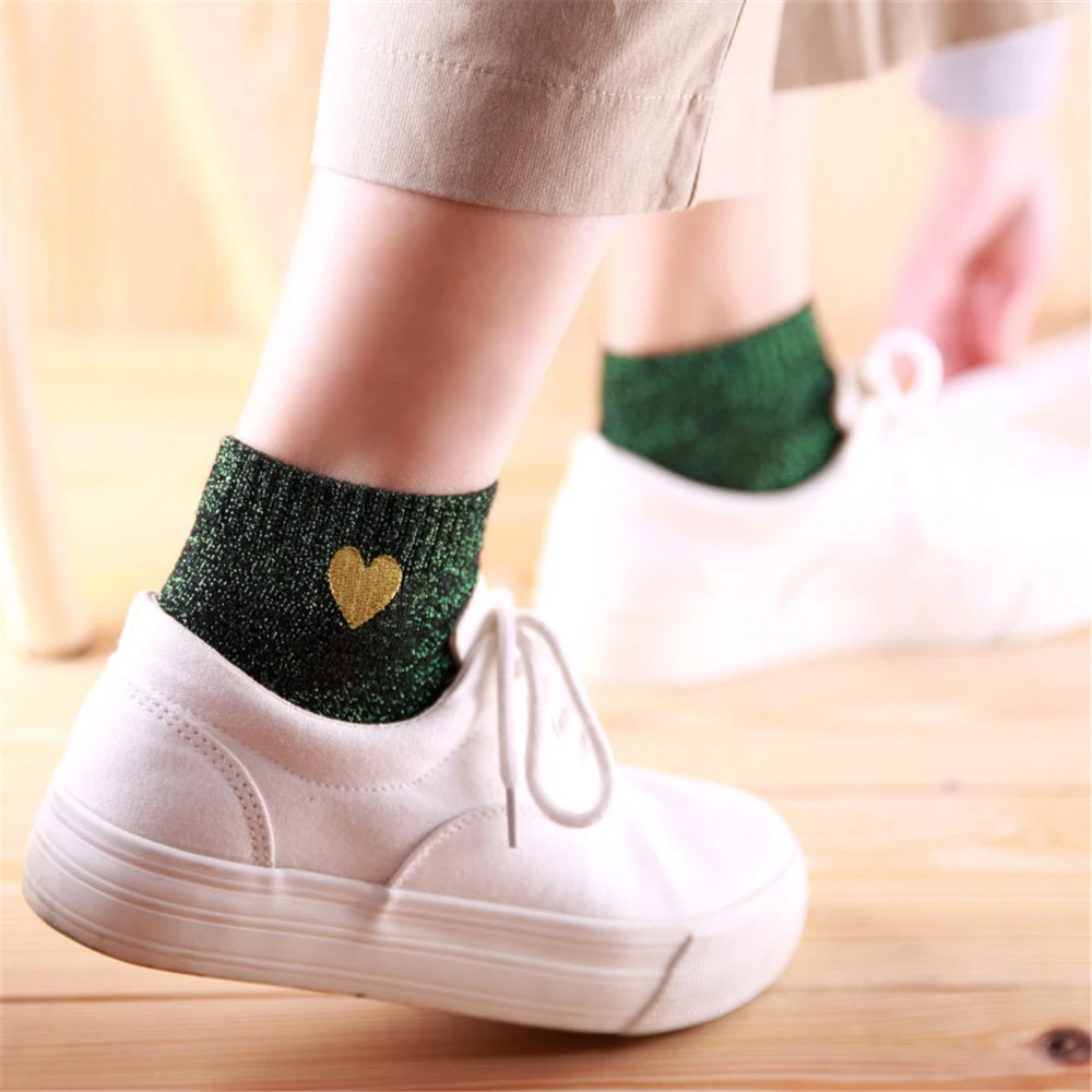 Embroidered Love Heart Glitter Socks For Women Shiny Socks Gold Silver Colorful Shining Fashion Funny