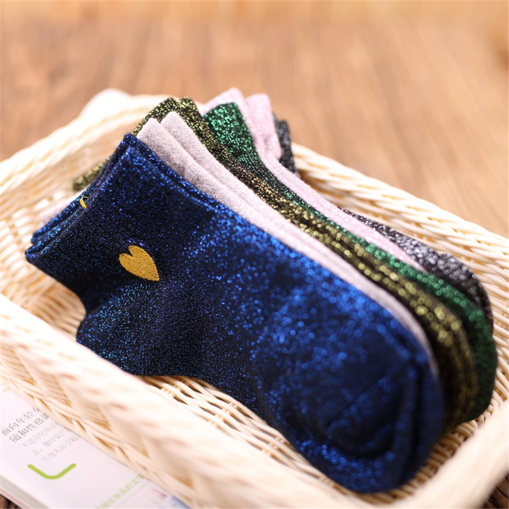Embroidered Love Heart Glitter Socks For Women Shiny Socks Gold Silver Colorful Shining Fashion Funny