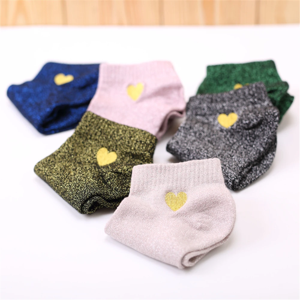 Embroidered Love Heart Glitter Socks For Women Shiny Socks Gold Silver Colorful Shining Fashion Funny