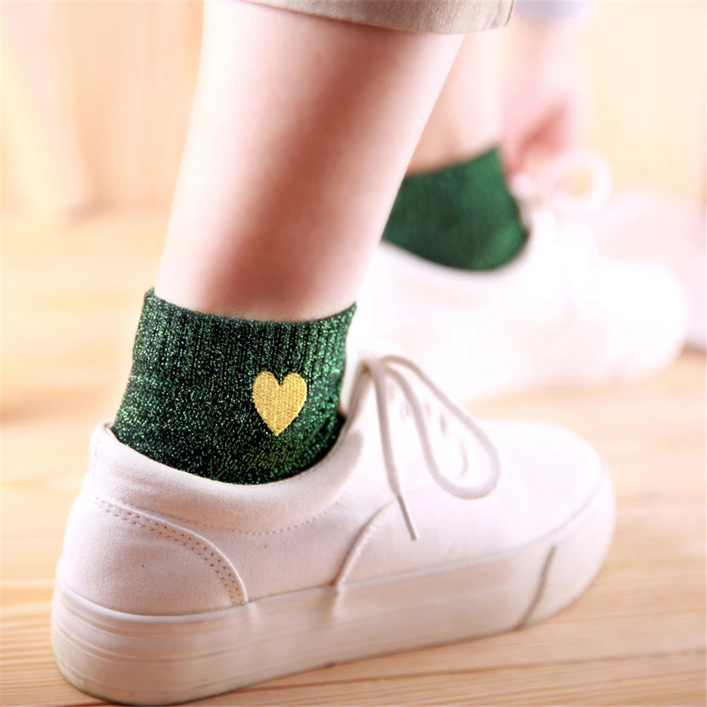 Embroidered Love Heart Glitter Socks For Women Shiny Socks Gold Silver Colorful Shining Fashion Funny