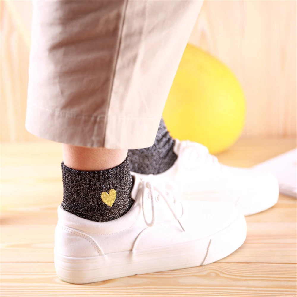 Embroidered Love Heart Glitter Socks For Women Shiny Socks Gold Silver Colorful Shining Fashion Funny