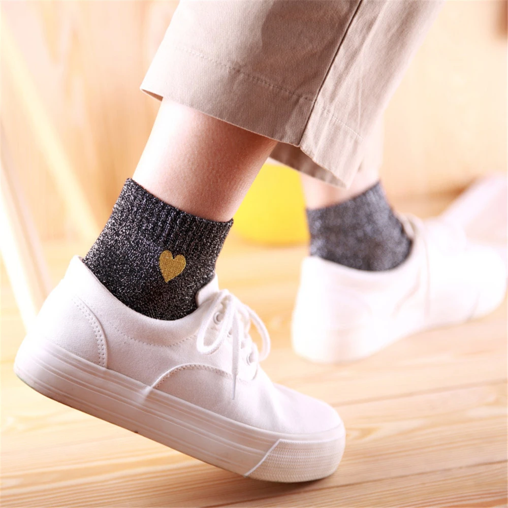 Embroidered Love Heart Glitter Socks For Women Shiny Socks Gold Silver Colorful Shining Fashion Funny