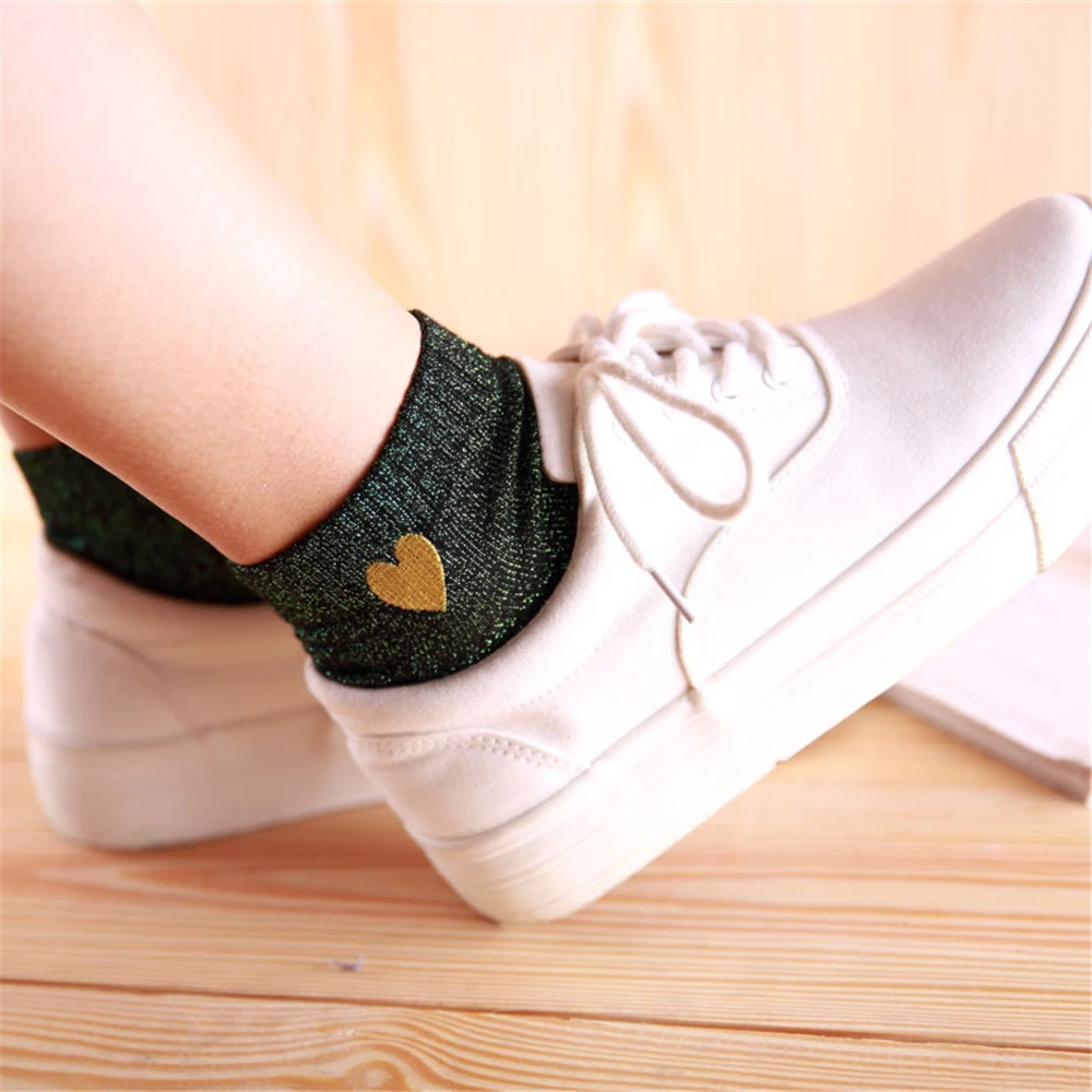 Embroidered Love Heart Glitter Socks For Women Shiny Socks Gold Silver Colorful Shining Fashion Funny