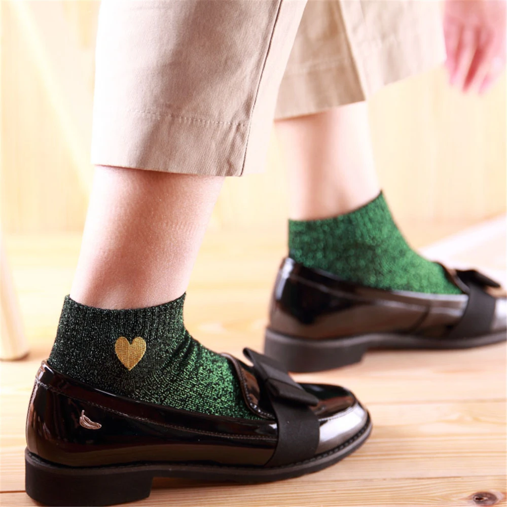 Embroidered Love Heart Glitter Socks For Women Shiny Socks Gold Silver Colorful Shining Fashion Funny
