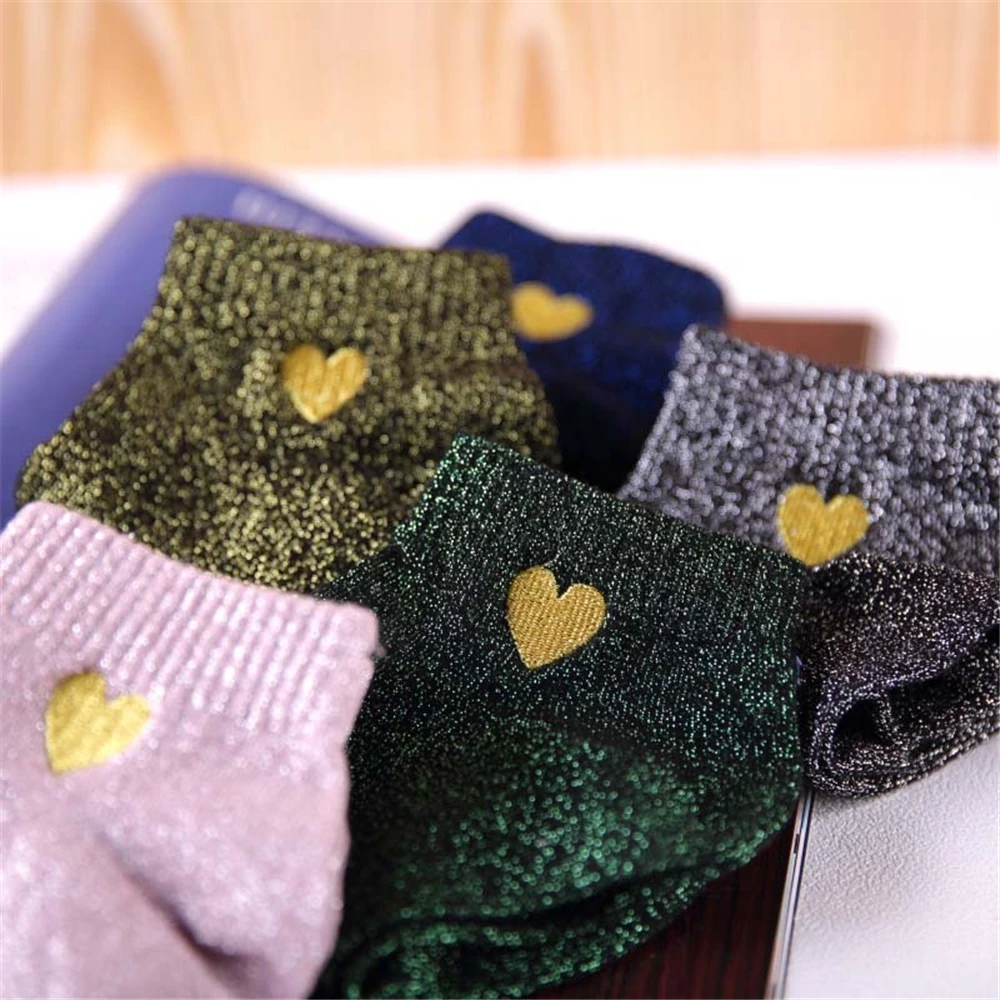Embroidered Love Heart Glitter Socks For Women Shiny Socks Gold Silver Colorful Shining Fashion Funny