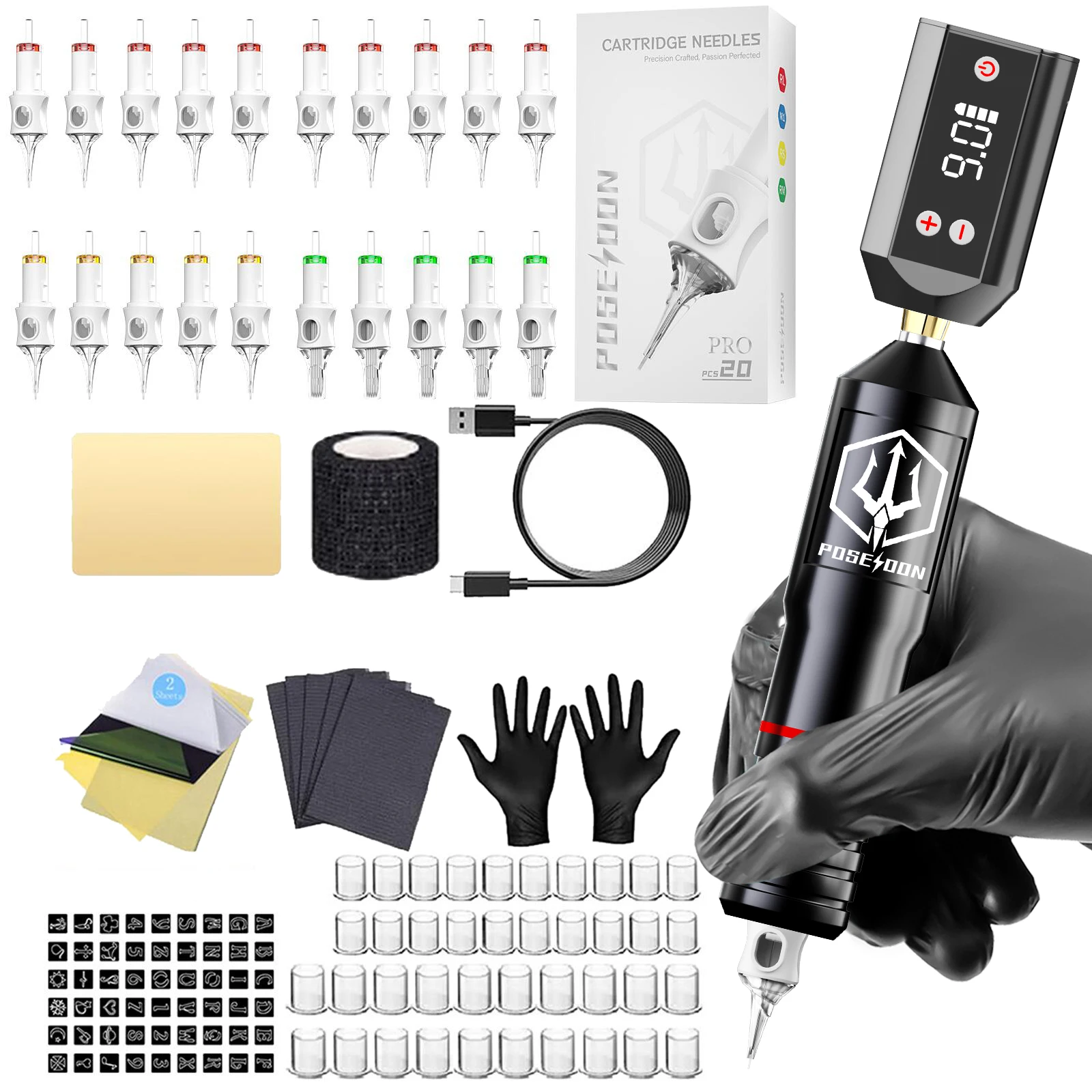 Alloy Tattoo Pen Kit POSEIDON High Quality Black Tattoo Kit 20 Tattoo Needles High Power Tattoo Power Supply Tattoo Gun Kit