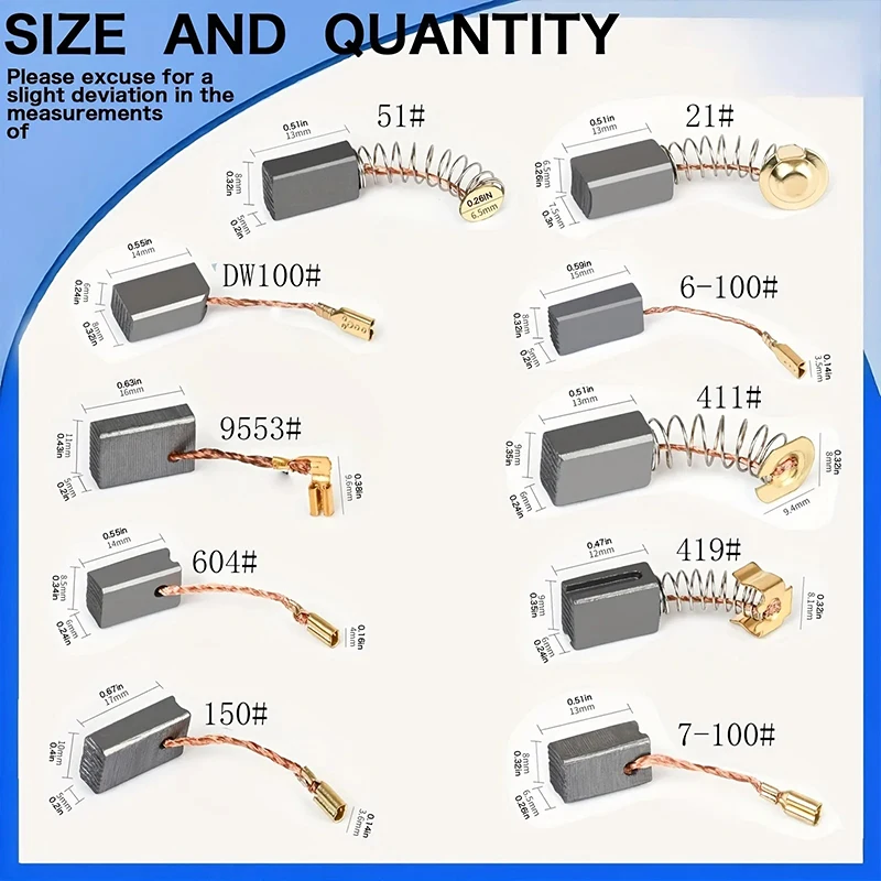 50pcs For Drills Sanders Grinders Motors Durable Motor Repair Parts Kit Heavy Duty Carbon Brush with Metal Bases