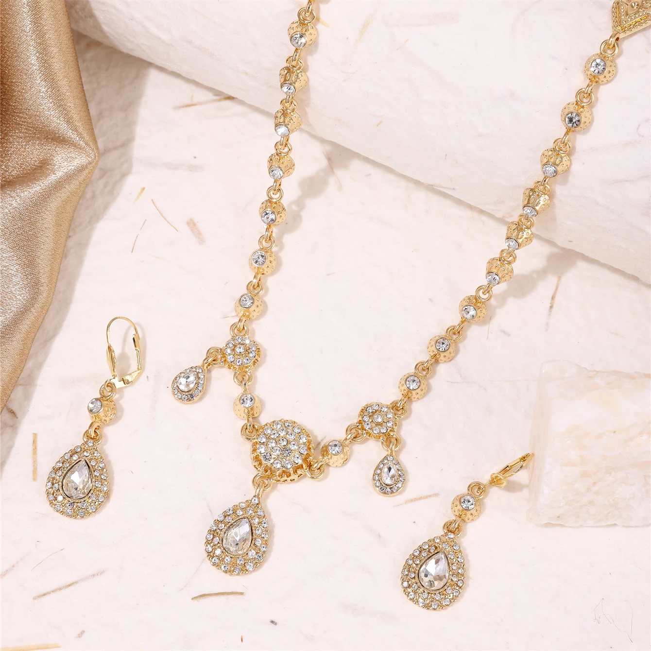 Middle Eastern Style Large Drop Rhinestone Necklace Earrings 2 Piece Pullover Necklace Multiple Uses Of Bridal Wedding Jewelry
