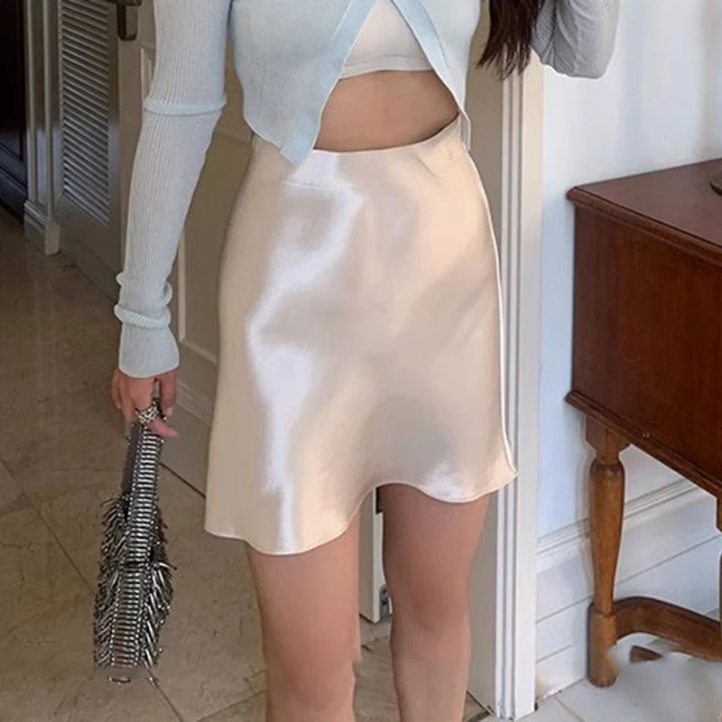 Women High Waist Vogue Acetate Skirts Female Elegant Evening Dresses Girls Fashion Black Champagne Mini A Line Skirts Size-S-L