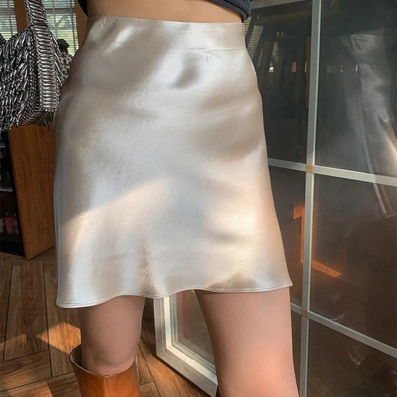 Women High Waist Vogue Acetate Skirts Female Elegant Evening Dresses Girls Fashion Black Champagne Mini A Line Skirts Size-S-L