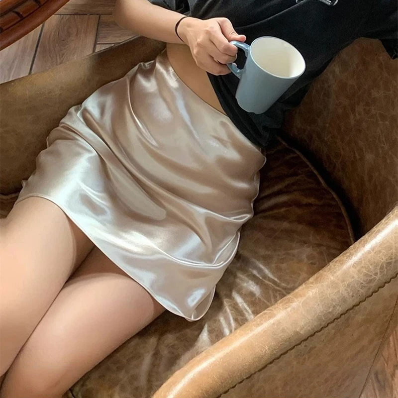 Women High Waist Vogue Acetate Skirts Female Elegant Evening Dresses Girls Fashion Black Champagne Mini A Line Skirts Size-S-L