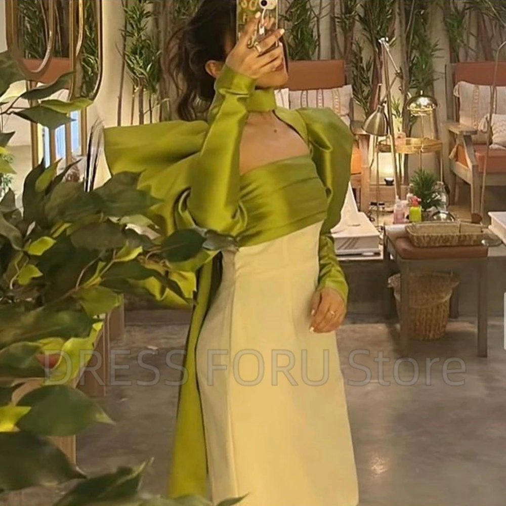 Chic Short Evening Dress High Neck Puff Long Sleeves with Pleat Sexy Open Back Sheath Knee Length Women Party Gowns for Wedding