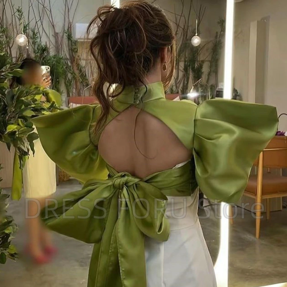 Chic Short Evening Dress High Neck Puff Long Sleeves with Pleat Sexy Open Back Sheath Knee Length Women Party Gowns for Wedding