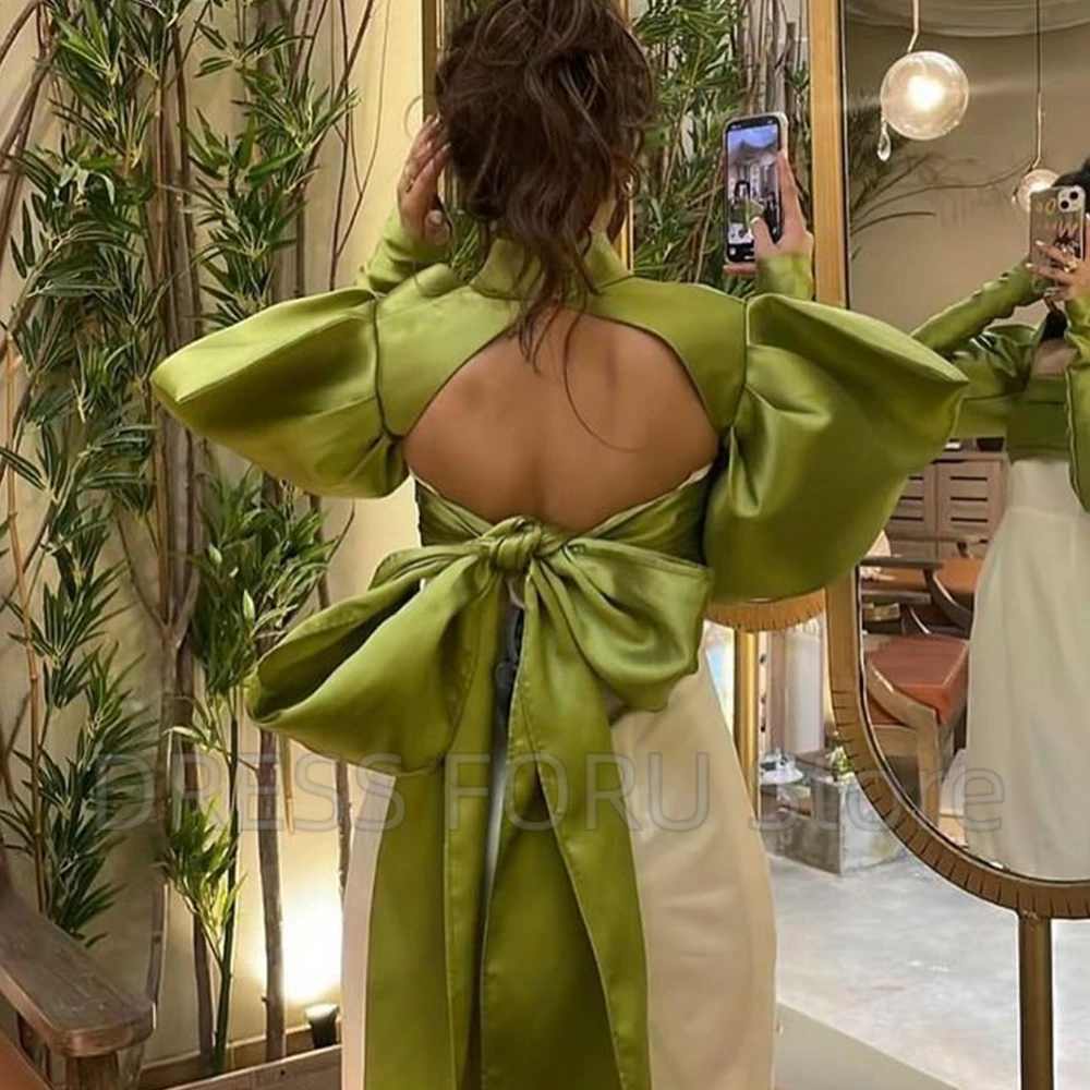 Chic Short Evening Dress High Neck Puff Long Sleeves with Pleat Sexy Open Back Sheath Knee Length Women Party Gowns for Wedding