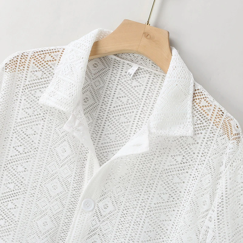 Summer Men's Clothing Mesh See Through Mesh Sexy Shirt Short Sleeve Fishnet Button-down Retro Chic Streetwear Party Blouse S-5XL
