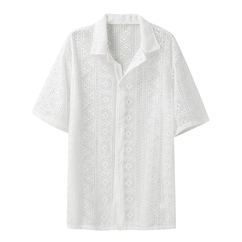 Summer Men's Clothing Mesh See Through Mesh Sexy Shirt Short Sleeve Fishnet Button-down Retro Chic Streetwear Party Blouse S-5XL