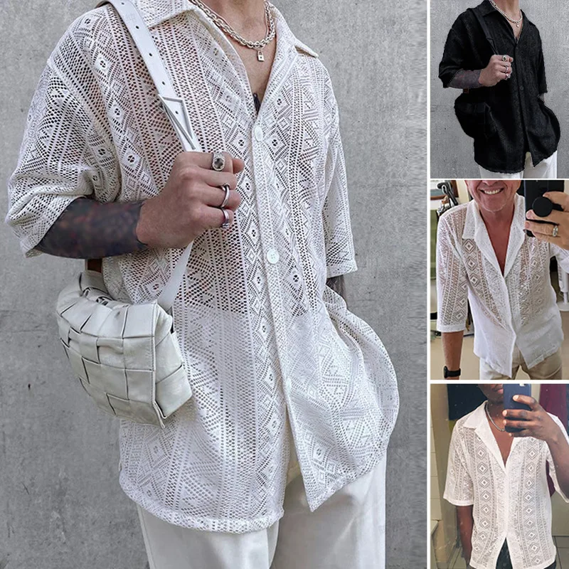 Summer Men's Clothing Mesh See Through Mesh Sexy Shirt Short Sleeve Fishnet Button-down Retro Chic Streetwear Party Blouse S-5XL