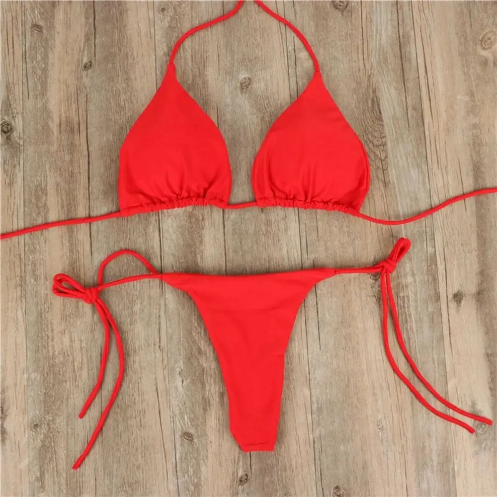 Fashion Solid Color Sexy G-string Thong Backless Split Bathing Suit Swimsuit Brazlian Swimwear Bikini Set