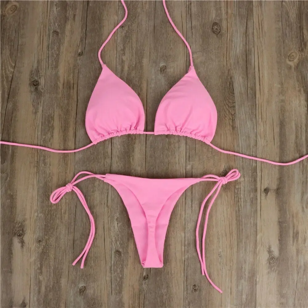 Fashion Solid Color Sexy G-string Thong Backless Split Bathing Suit Swimsuit Brazlian Swimwear Bikini Set