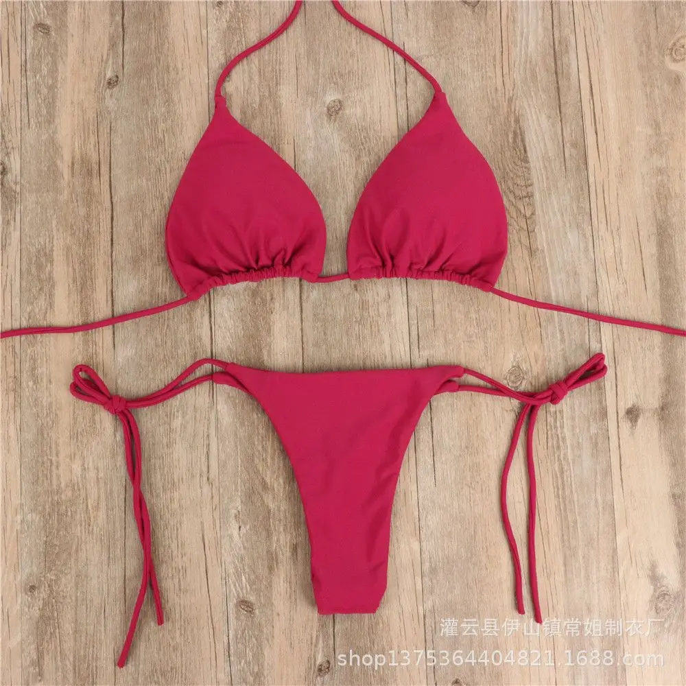 Fashion Solid Color Sexy G-string Thong Backless Split Bathing Suit Swimsuit Brazlian Swimwear Bikini Set