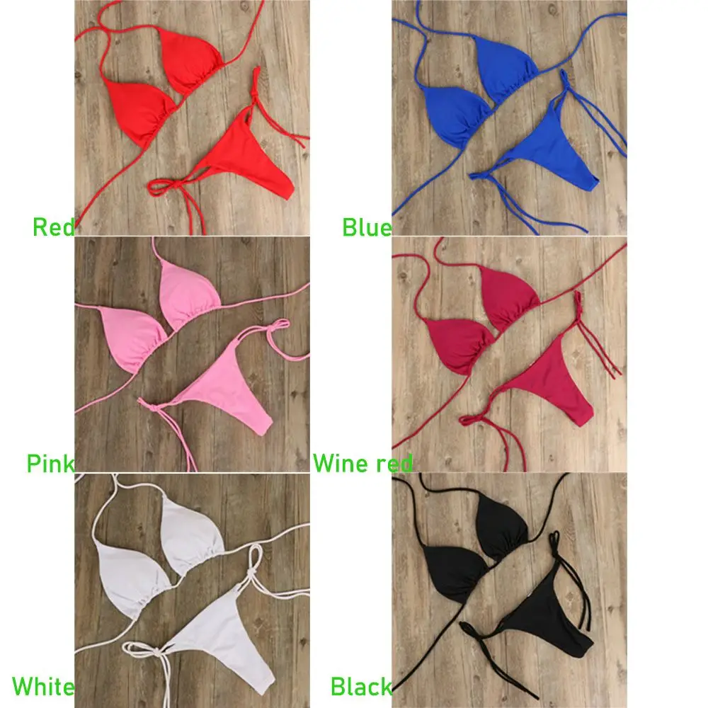 Fashion Solid Color Sexy G-string Thong Backless Split Bathing Suit Swimsuit Brazlian Swimwear Bikini Set