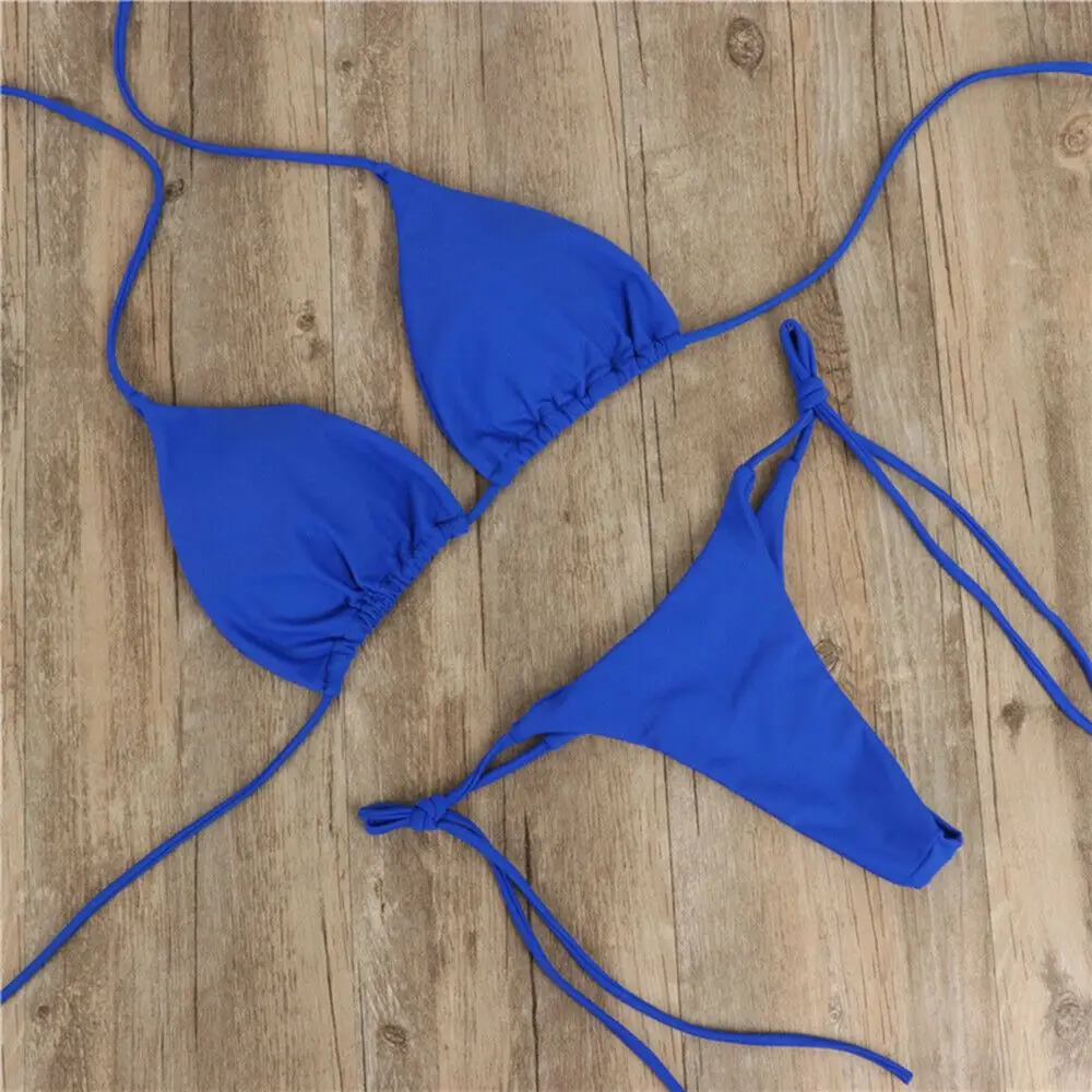 Fashion Solid Color Sexy G-string Thong Backless Split Bathing Suit Swimsuit Brazlian Swimwear Bikini Set