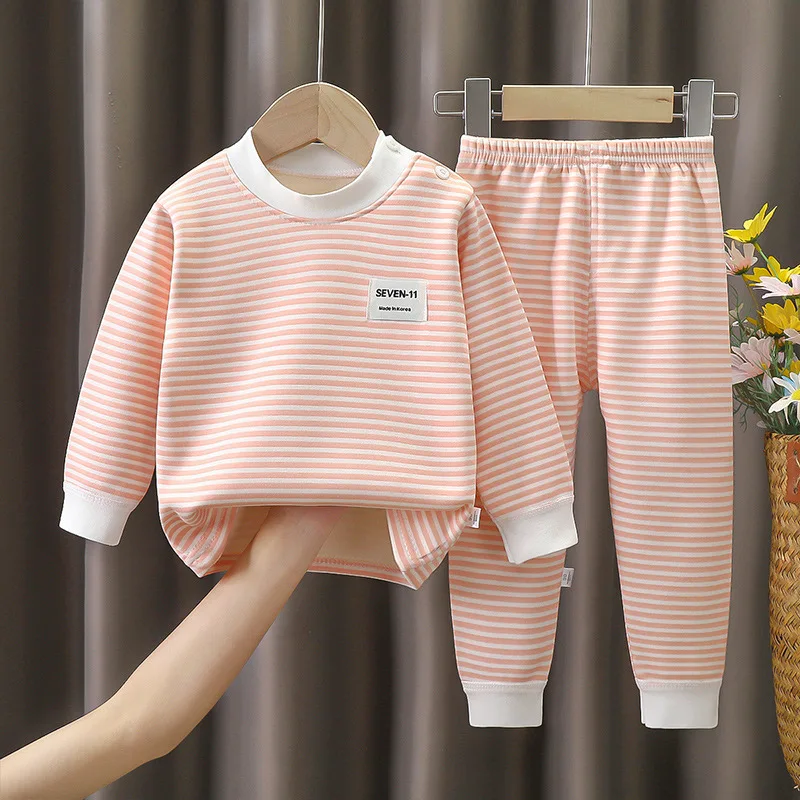 0-5-Year-Old Baby Plush Children's Pajamas Solid Color Long-Sleeved Pants Breathable Pajamas for Boys and Girls Casual Wear