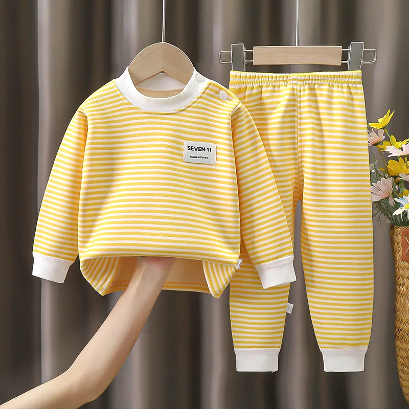 0-5-Year-Old Baby Plush Children's Pajamas Solid Color Long-Sleeved Pants Breathable Pajamas for Boys and Girls Casual Wear