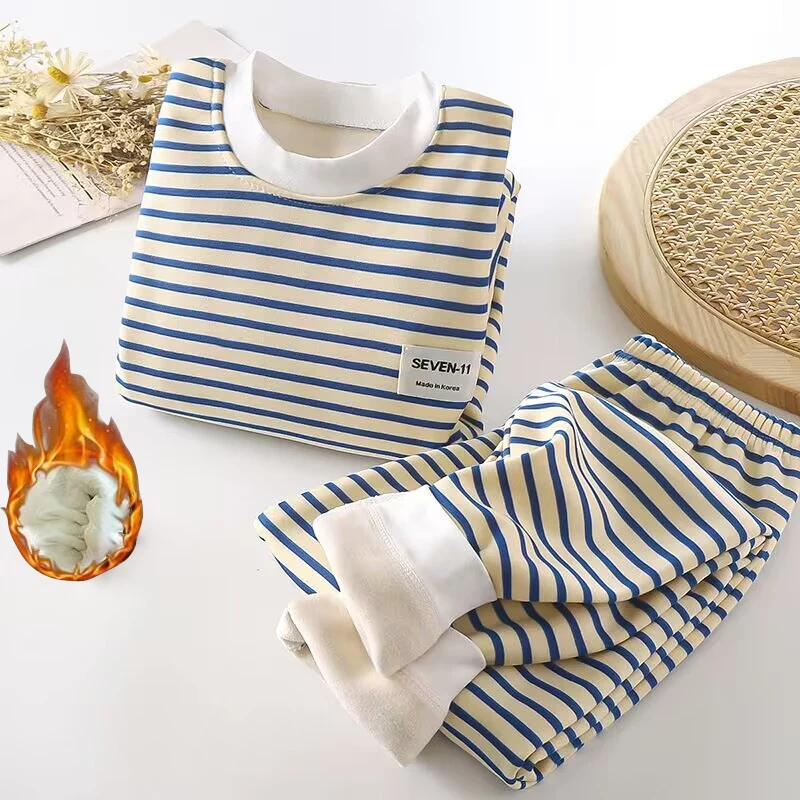 0-5-Year-Old Baby Plush Children's Pajamas Solid Color Long-Sleeved Pants Breathable Pajamas for Boys and Girls Casual Wear