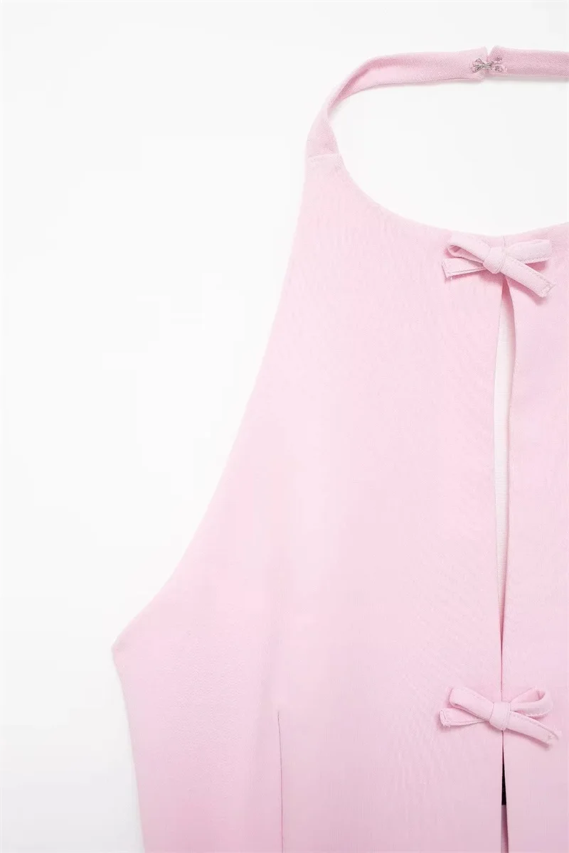 MUJER 2025 Off Shoulder Halter Top Female Pink White Crop Top Women Bow Cut Out Sleeveless Backless Top Woman Sexy Summer Tops
