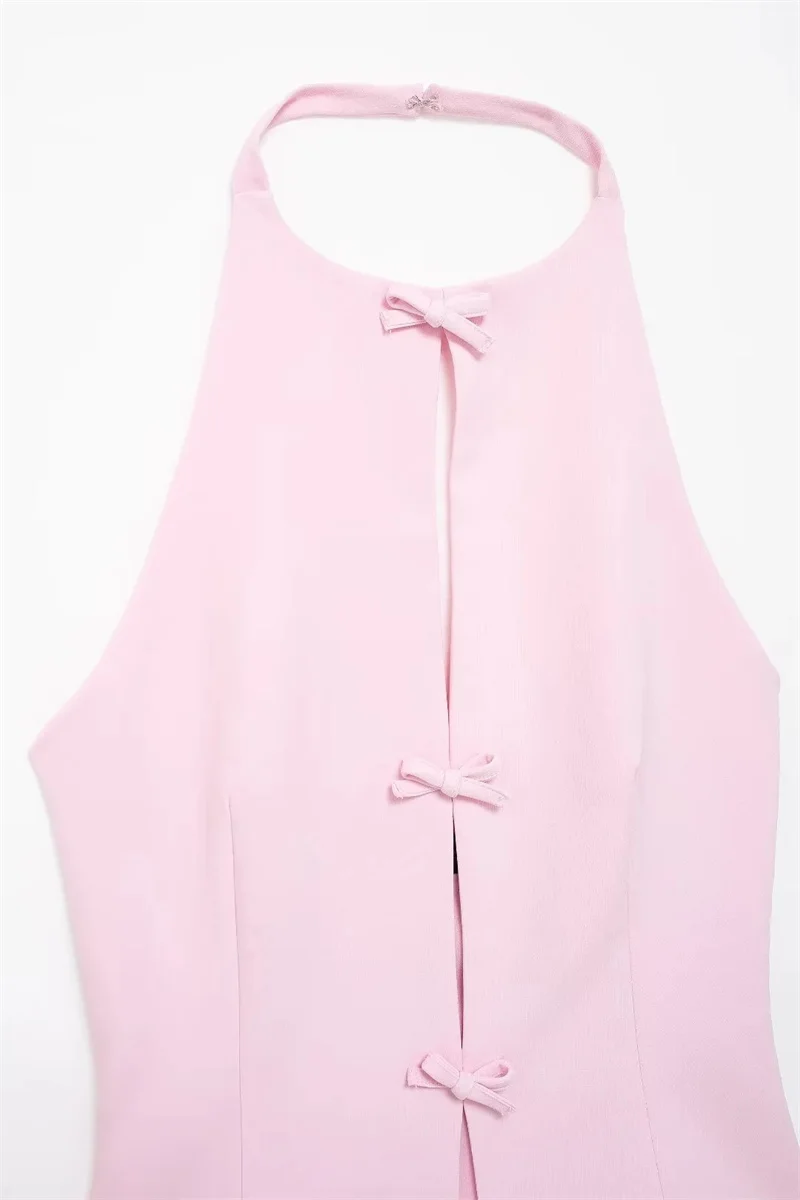 MUJER 2025 Off Shoulder Halter Top Female Pink White Crop Top Women Bow Cut Out Sleeveless Backless Top Woman Sexy Summer Tops