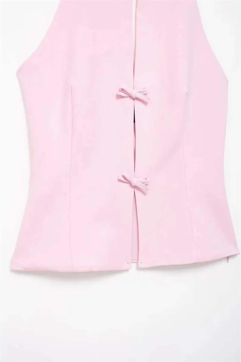 MUJER 2025 Off Shoulder Halter Top Female Pink White Crop Top Women Bow Cut Out Sleeveless Backless Top Woman Sexy Summer Tops