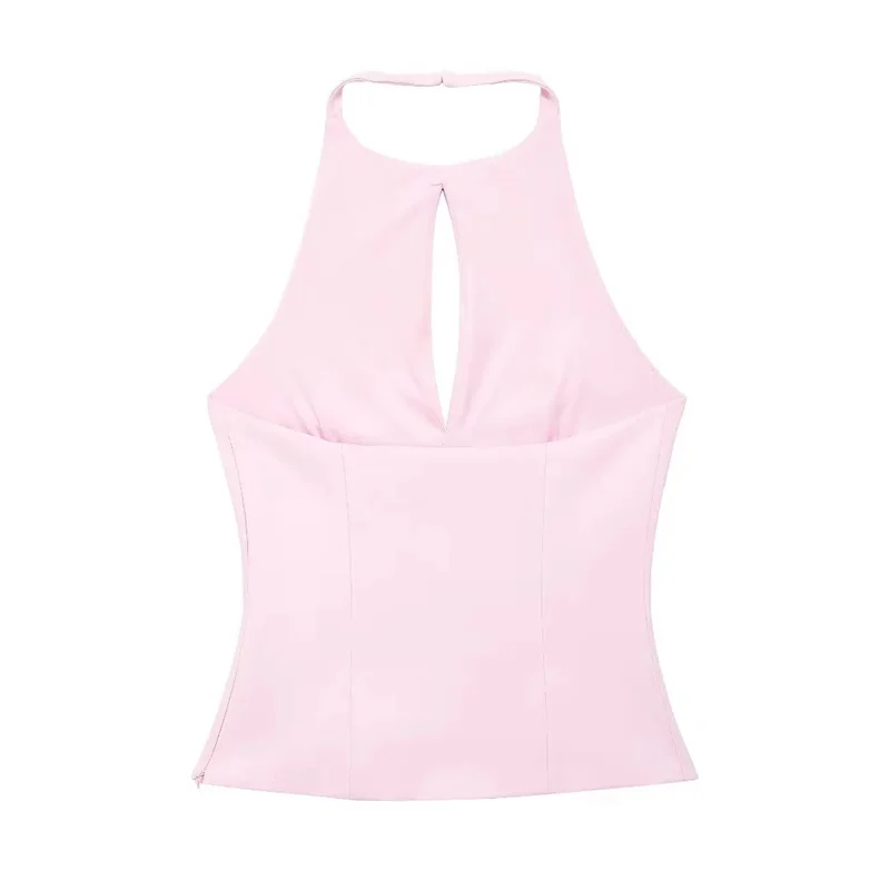 MUJER 2025 Off Shoulder Halter Top Female Pink White Crop Top Women Bow Cut Out Sleeveless Backless Top Woman Sexy Summer Tops