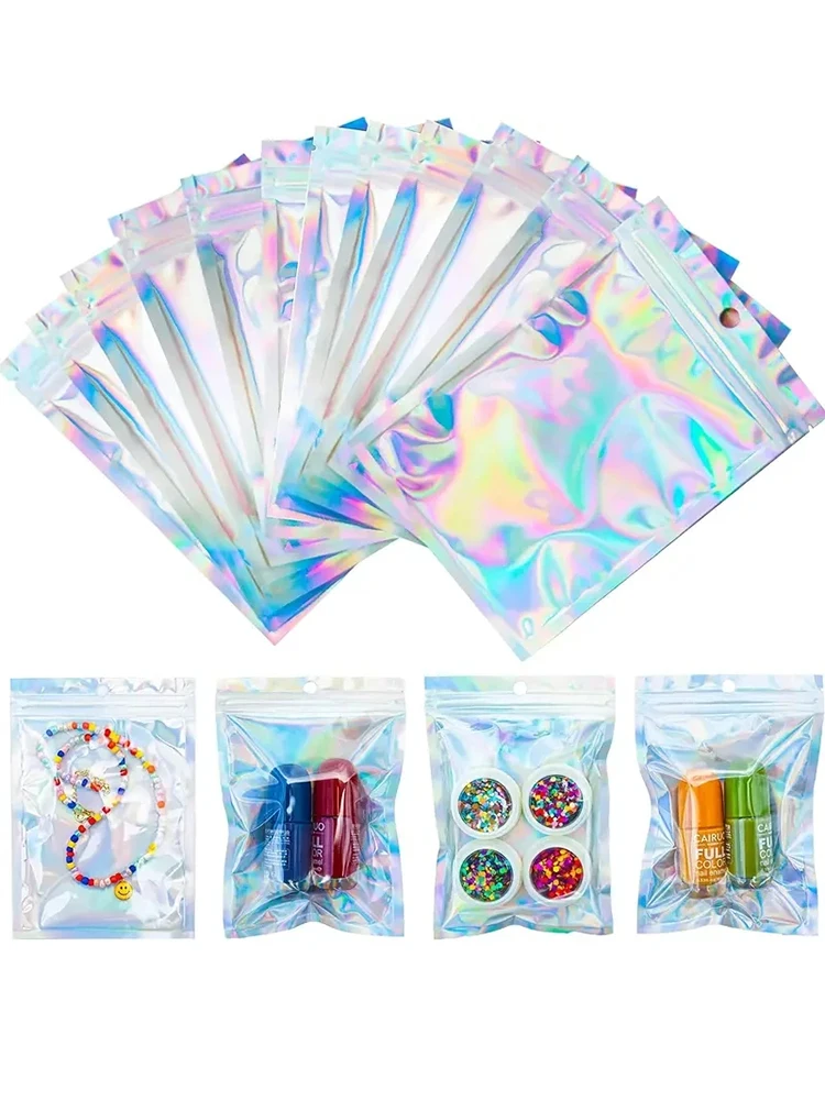 Smell Proof Bags Mylar Holographic Resealable Bags Foil Pouch Ziplock Bags for Party Favor Food Storage Jewelry Packaging 7Sizes