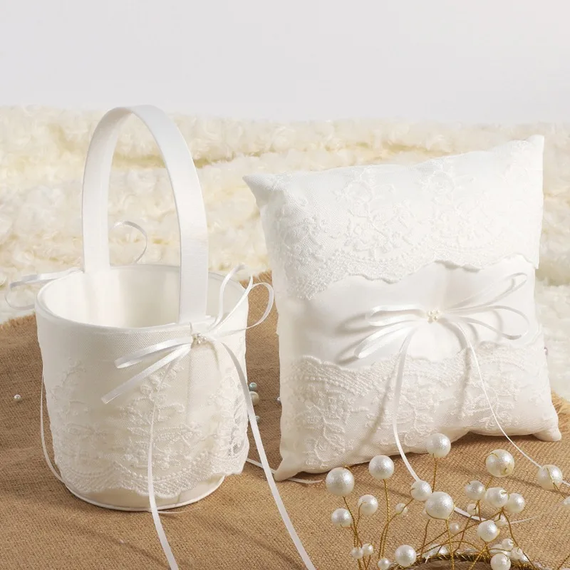 1PC Flower Girl Basket for Wedding ,Parties and Home Decor Wedding Ring Pillow, Pearl Lace Decoration Ivory Ring Bearer Pillow