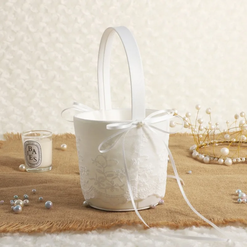 1PC Flower Girl Basket for Wedding ,Parties and Home Decor Wedding Ring Pillow, Pearl Lace Decoration Ivory Ring Bearer Pillow